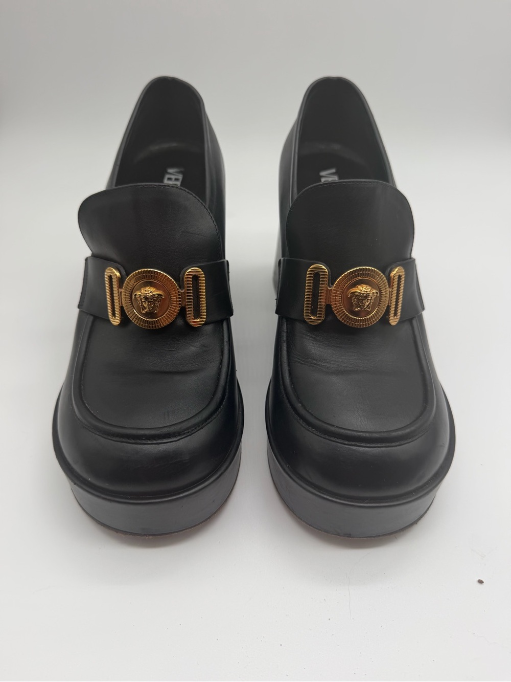 Versace Black Leather Platform Loafers with Gold Medallion Sz 38 EU